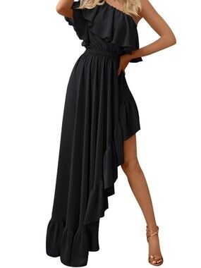 Stylish One-Shoulder Black Ruffle Asymmetrical Maxi Dress